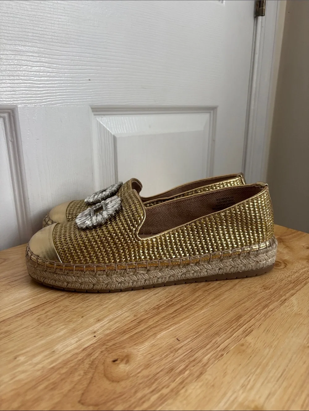 INC Madilyn Raffia Upper Gold Espadrille Slip-On Flats Decorative Crystal Buckle